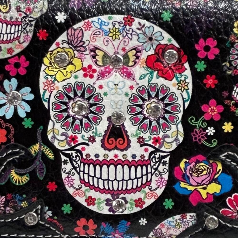 Sugar Skull Floral Zip-Around Wristlet Clutch – Boho Goth Style - Picture 3 of 12